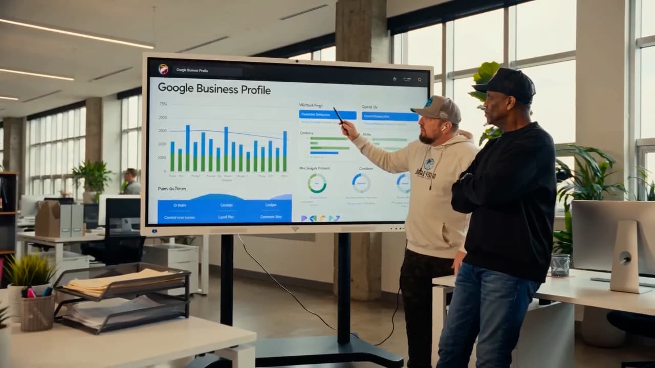 Chad and David reviewing a Google Business Profile dashboard inside the JiggleFish office