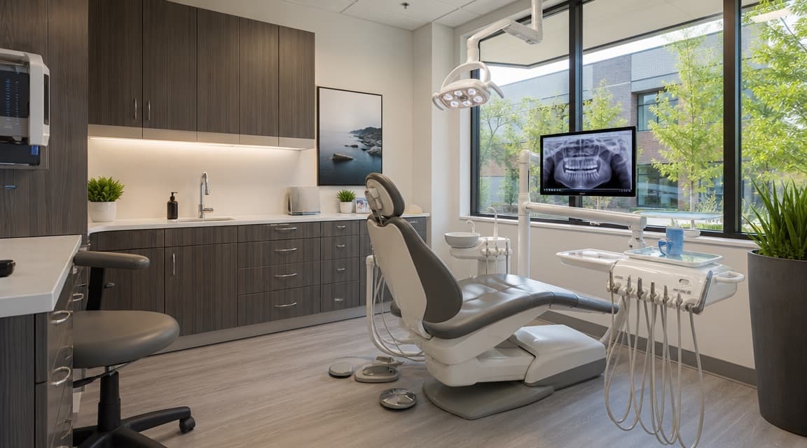 Aerial view of a completed dental & cosmetic dentistry project over the St. Louis skyline